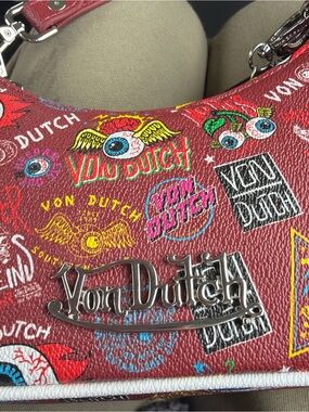 Von Dutch Red Shoulder Bag with Multicolor Graphic Logos